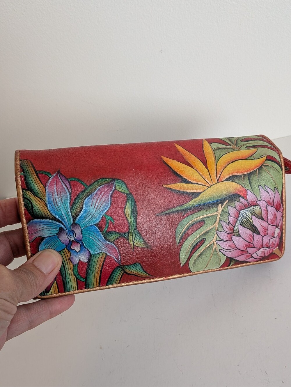 Anuschka hand-painted leather wallet Island Escape Red design tropical floral